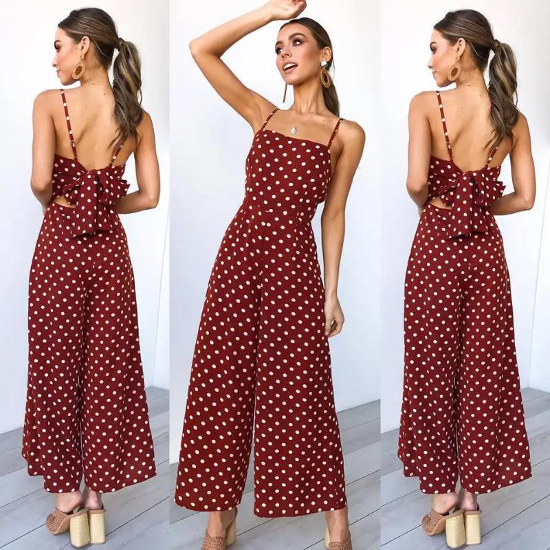 Women Long Jumpsuit Backless Strappy Playsuit Polka Dot Holiday Wide Leg Pants