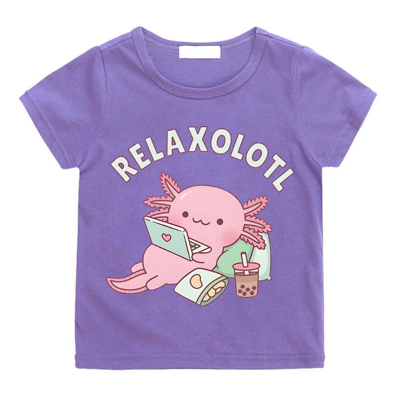 Cute Relax A Lot Axolotl Kids T-shirt Cartoon Funny Pun Graphic Clothes for Boys/Girls Cotton Short Sleeve Kids Summer Tops Tees