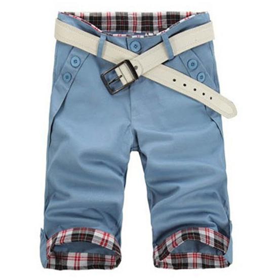 Summer Beach Casual Men Plaid Patchwork Turn Up Cuff Shorts Fifth Pants Trousers