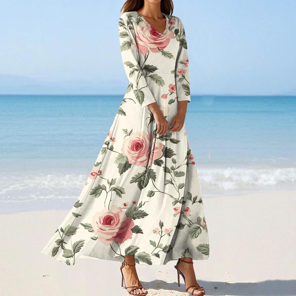 Vestidos de Praia Flutuantes com Decote em V da Moda Feminina, Vestidos Estampados Florais de Sete Mangas