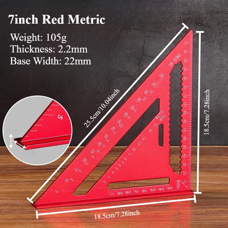 Righello a Triangolo in Lega di Alluminio ad Alta Precisione Metrico da 7''/12'' per Falegnameria con Goniometro ad Angolo Retto e Tracciatore Portatile