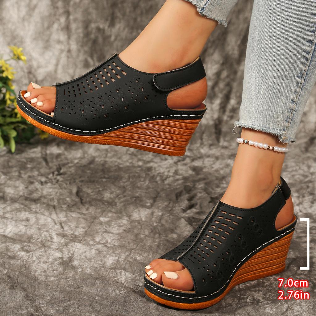 Large size wedge heel sandals for women 2025 summer new European and American style hollow and light Velcro sandals for women
