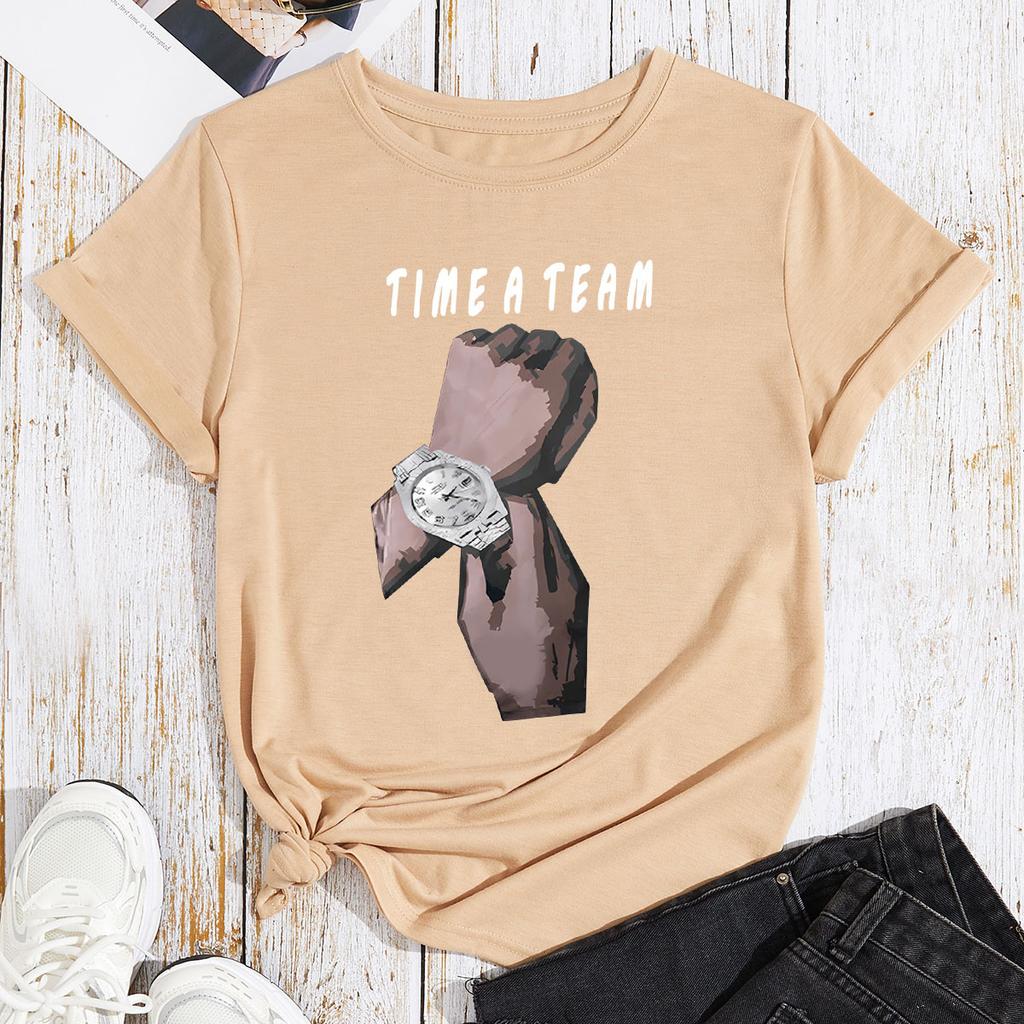 TIME A TEAM HAND Cotton T-Shirt Short Sleeve Round Neck Women 2d Print Tops
