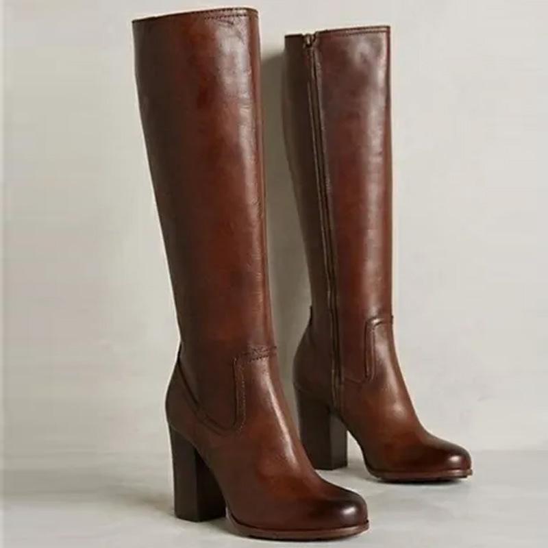 2026 Foreign Trade Autumn/Winter New Style European and American Style Side Zipper High Thick Heel Women's Large Fashion Boots