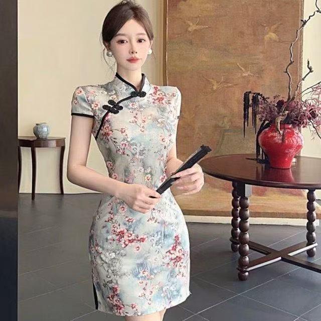Retro Chinese Print Qipao Dress - Summer Slimming Bodycon with Split Skirt