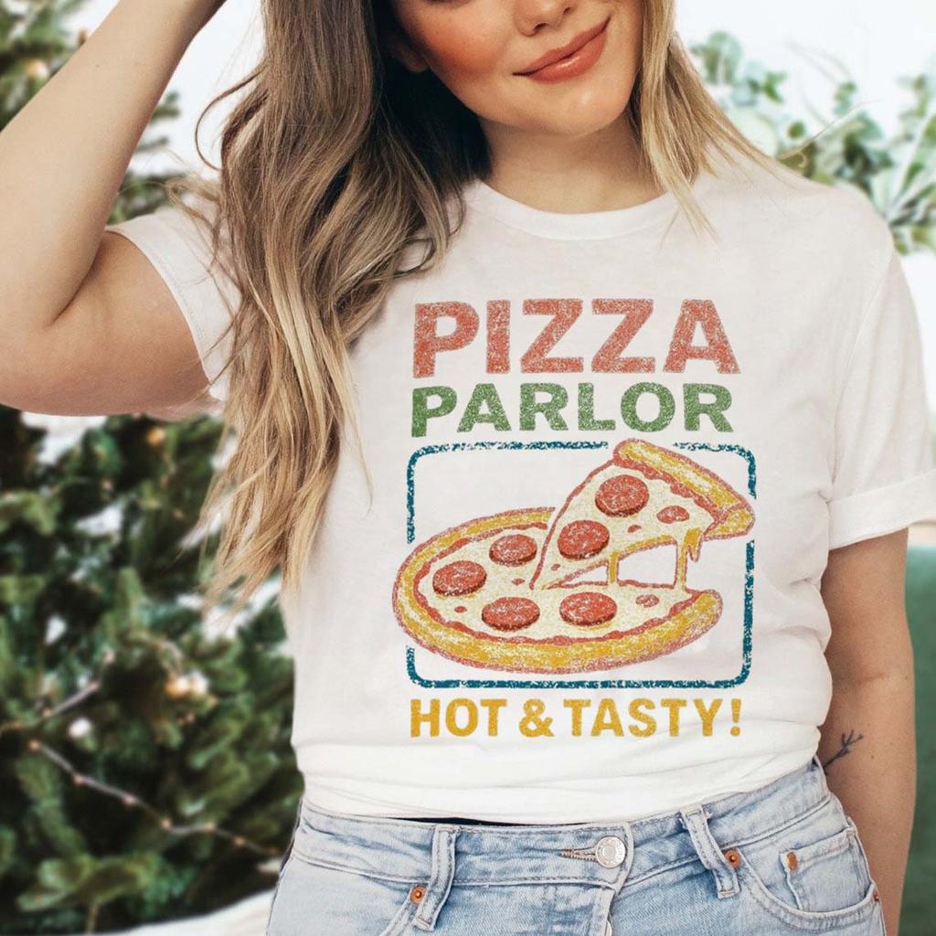 Delicious Food Pizza Printed Womens Pattern TShirt Casual Short Sleeve Top ONeck Street Womens Trendy Regular White TShirt