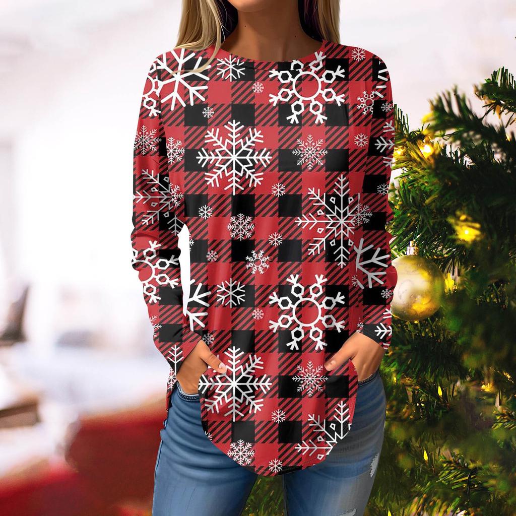 Women's Loose Round Neck Christmas Printed Long Sleeve T-Shirt Tops Pullover