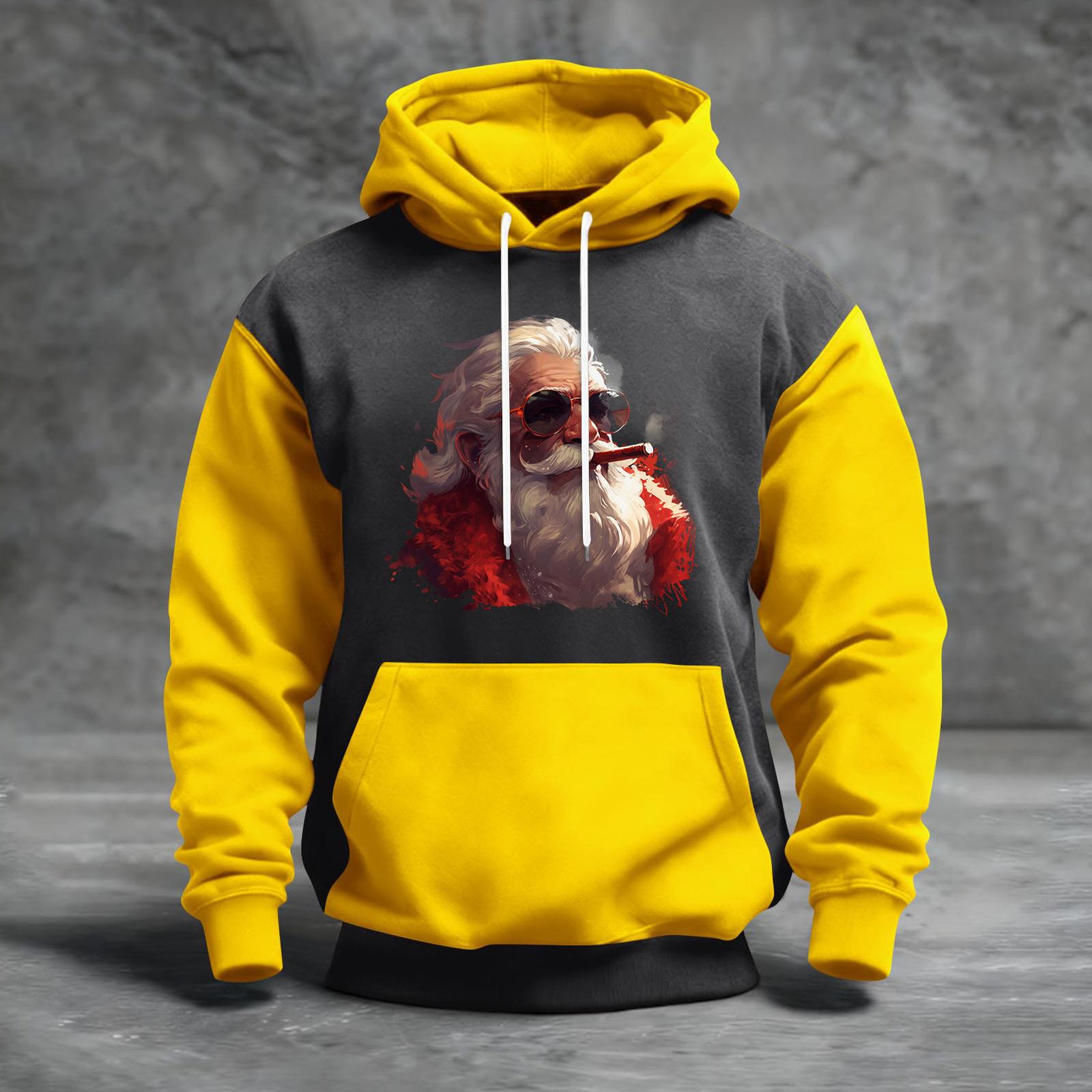 

Men s Christmas Print Color Block Hooded Casual Sports Comfort Sweatshirt XL жовтий