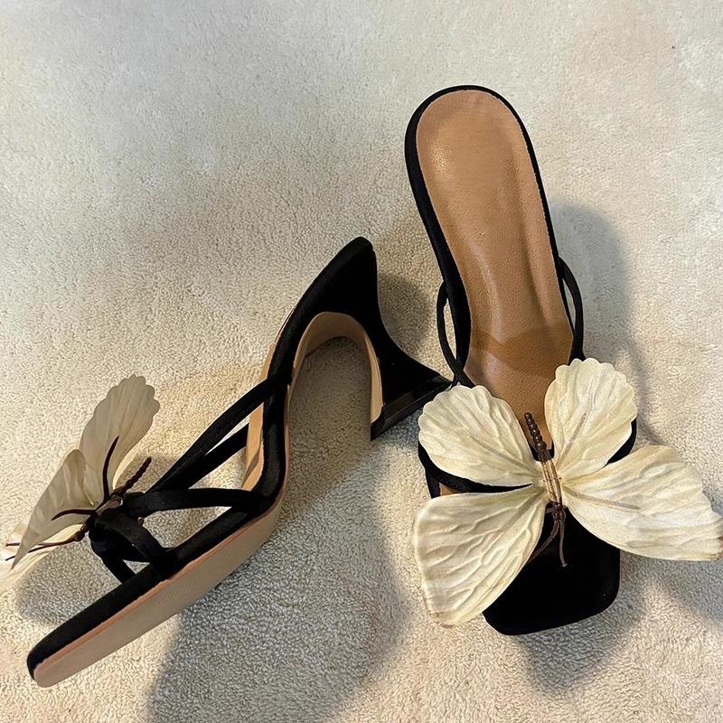 Fashion Design Women Shoes Big Butterfly Square Toe Slippers High Heel Party Dress Summer New Zapatillas De Mujer