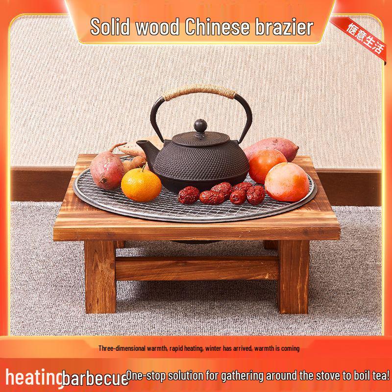 Solid Wood Cast Iron Charcoal Fire Pit Stove for Indoor Heating and Tea Boiling