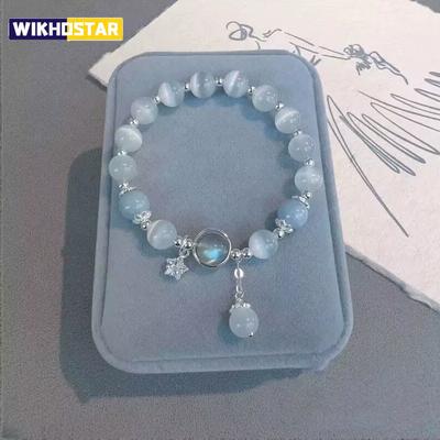 Einzigartiger verträumter blauer Mondstein Katzenaugen Anhänger Kristallperlen Armband Party Schmuck Geschenk für Frauen