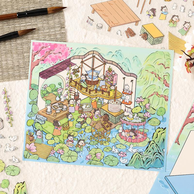 Chinese style 3D Three-dimensional scene stickers Adhesive Diy Decorative Labels Diary Album Stationery Scrapbooking material