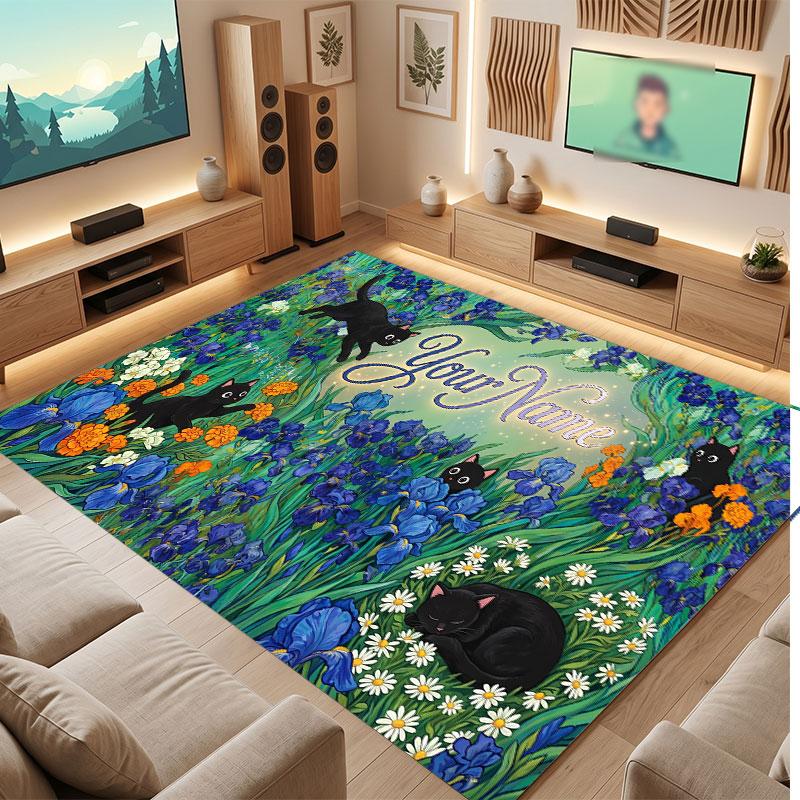 Cat Theme Crystal Velvet Floor Rug Personalized Custom Name Text Warm Carpet Home Decoration