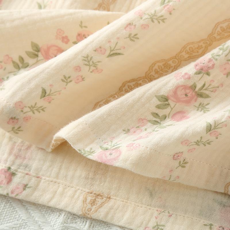 GMXIA Gentle Women's Floral Pure Cotton Yarn Loose Double-layer Gauze Home Wear Pajama Set for Autumn Long-sleeved Outdoor Wear Pajama Sets