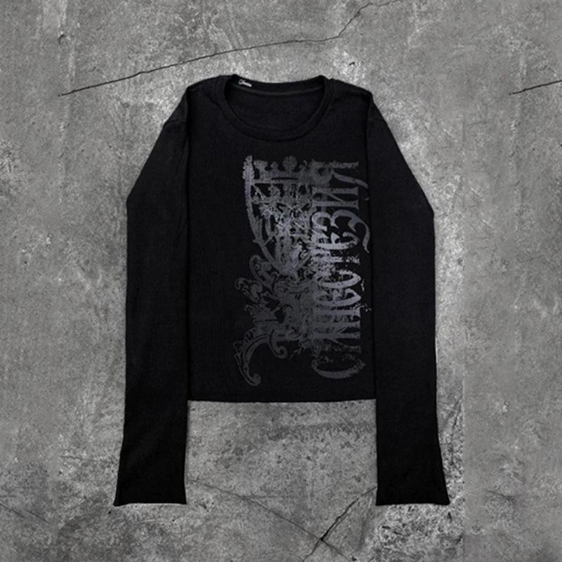 Europäisches und amerikanisches Y2K personalisiertes dunkles bedrucktes Rundhals-Langarm-Retro-Streetwear-Trend-Oberteil
