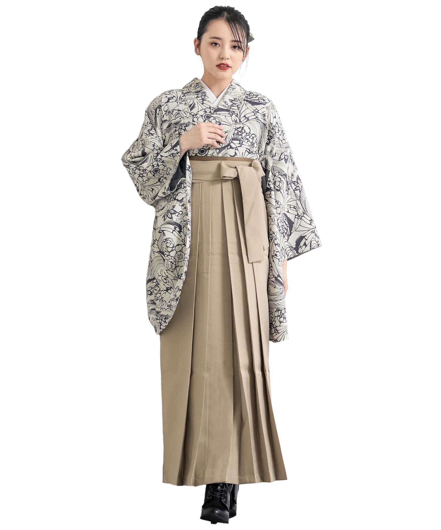 

[SOUBIEN] Soubien Hakama 4-Piece Set (Nishaku-sode KimonoHakamaNagajubanObi) Women s Graduation Ceremony SS 2 shaku 2 sun 83cm Gray x Beige Botanical