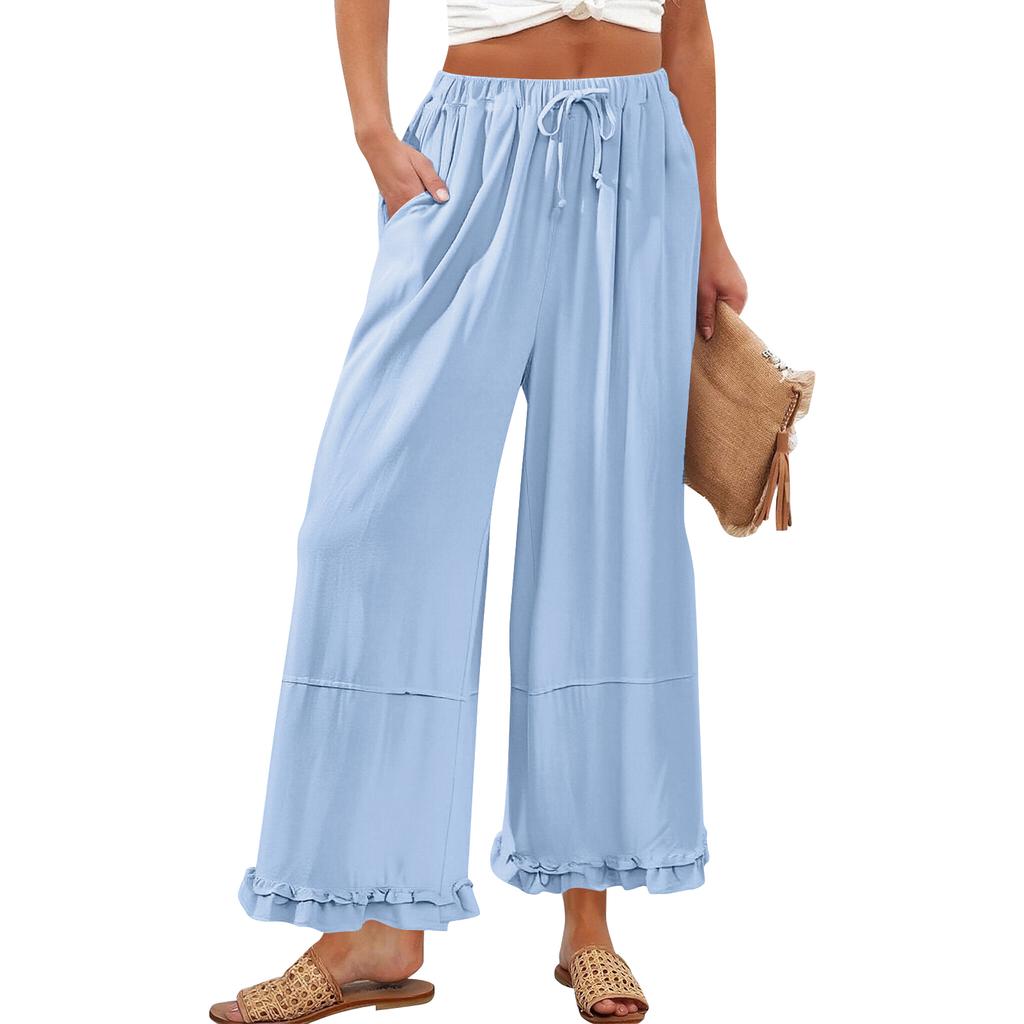 Women’s Wide Leg Lounge Pants with Drawstring Waist and Ruffle Hem Casual Loose Fit Lightweight Trousers with Pockets