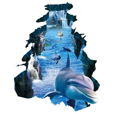 3D Wall Stickers Dolphin Broken Wall Visual Waterproof Non-slip Living Room Bedroom Floor Stickers