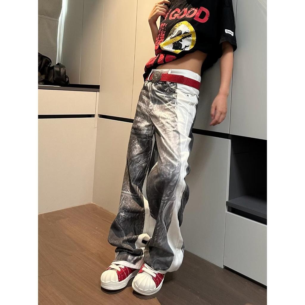 American high street D-printed lightning crack jeans men's and women's niche retro loose wide-leg design trendy cool trousers