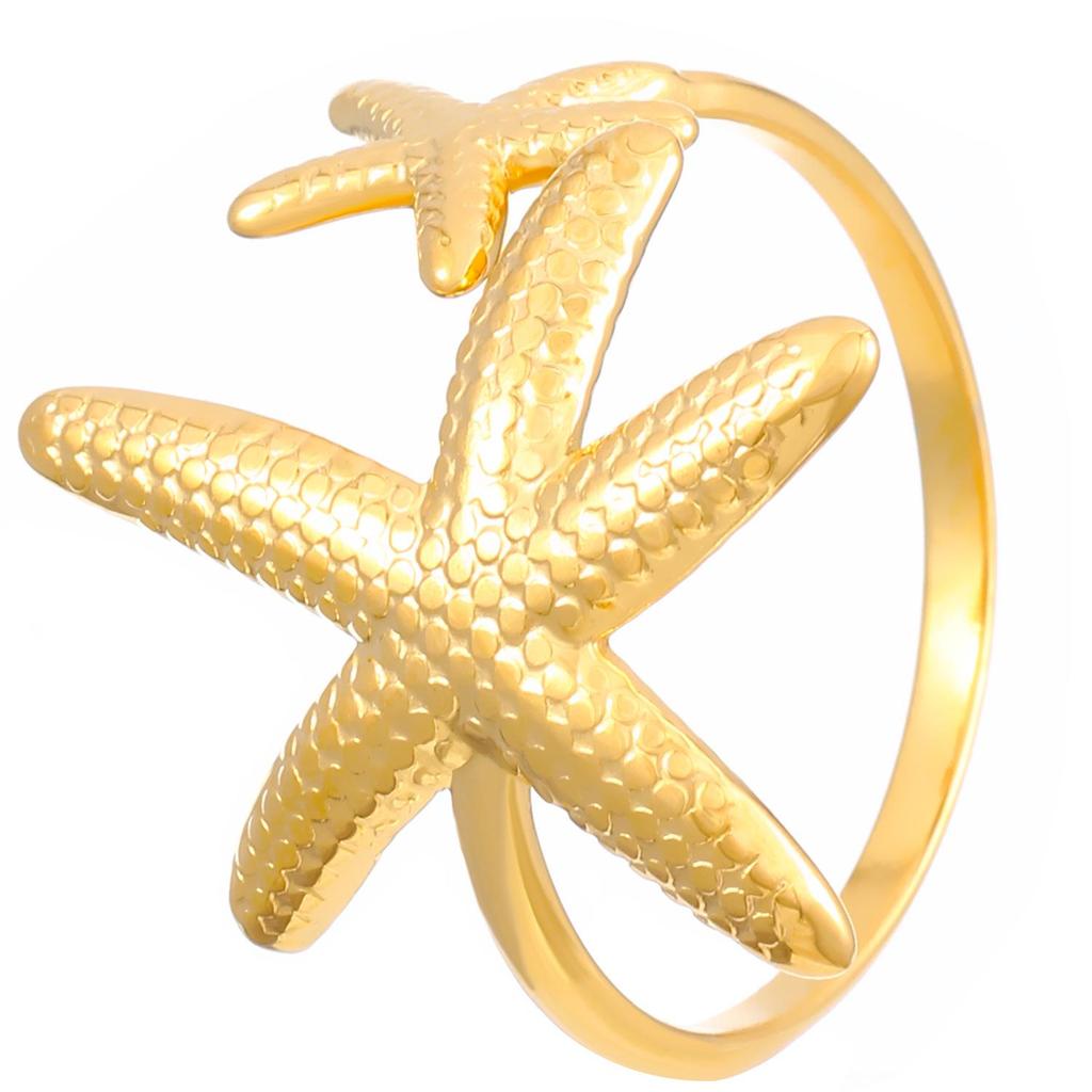 Stainless Steel Starfish & Seashell Open Ring - Ocean Holiday Style Jewelry for Women