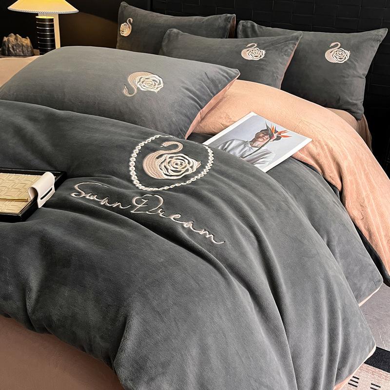 Thickened Milk Fleece Four-Piece Set, Coral Double-Sided Fleece Embroidered Crystal Fleece Quilt Cover, Bed Sheet, Bed Hat Three-Piece Set