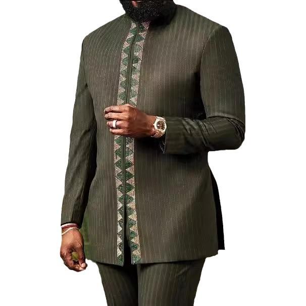 2024 African Ethnic Men's Striped Embroidered 2-Piece Casual Suit Set