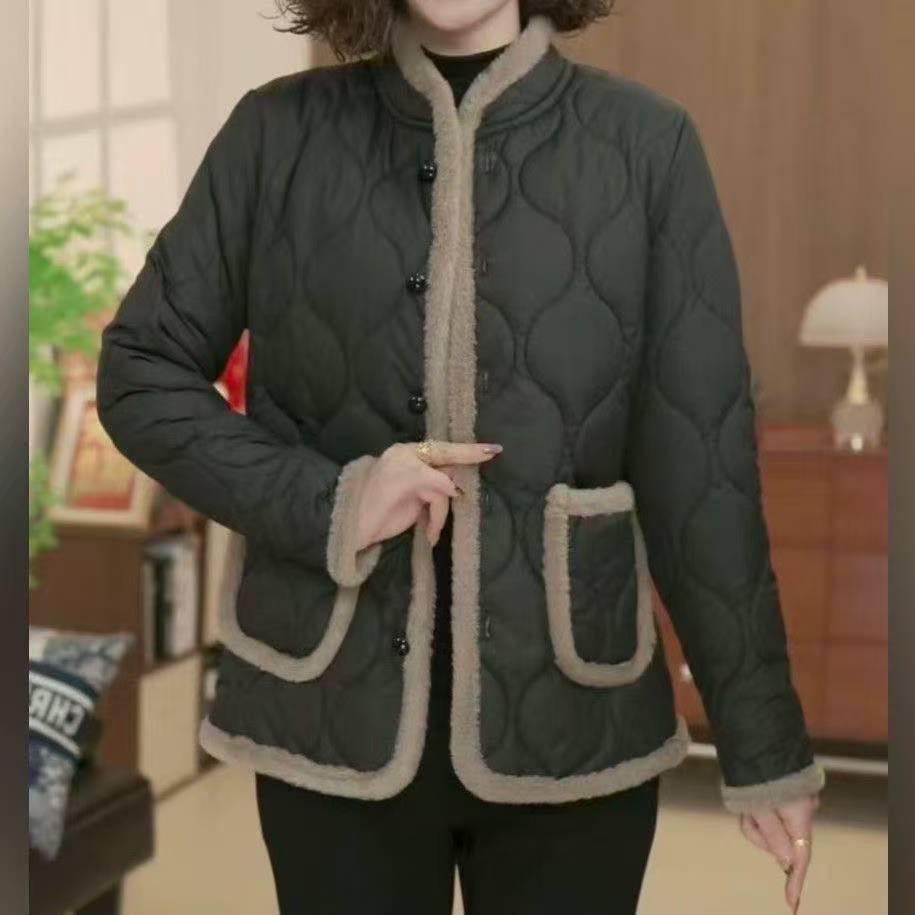 Stylish Women's Winter Cotton Jacket with Velvet Lining - Warm Casual Outerwear for Middle-Aged and Elderly