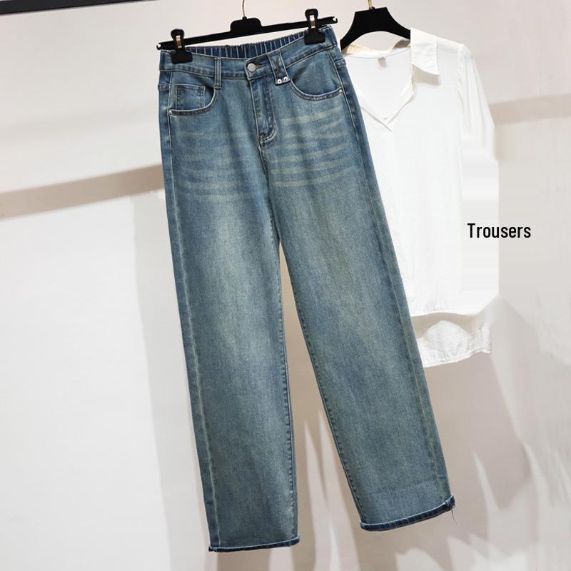 

Plus Size Summer Thin Straight-Leg Wide Drape Jeans for Pear-Shaped Bodies L: 100-120 jin