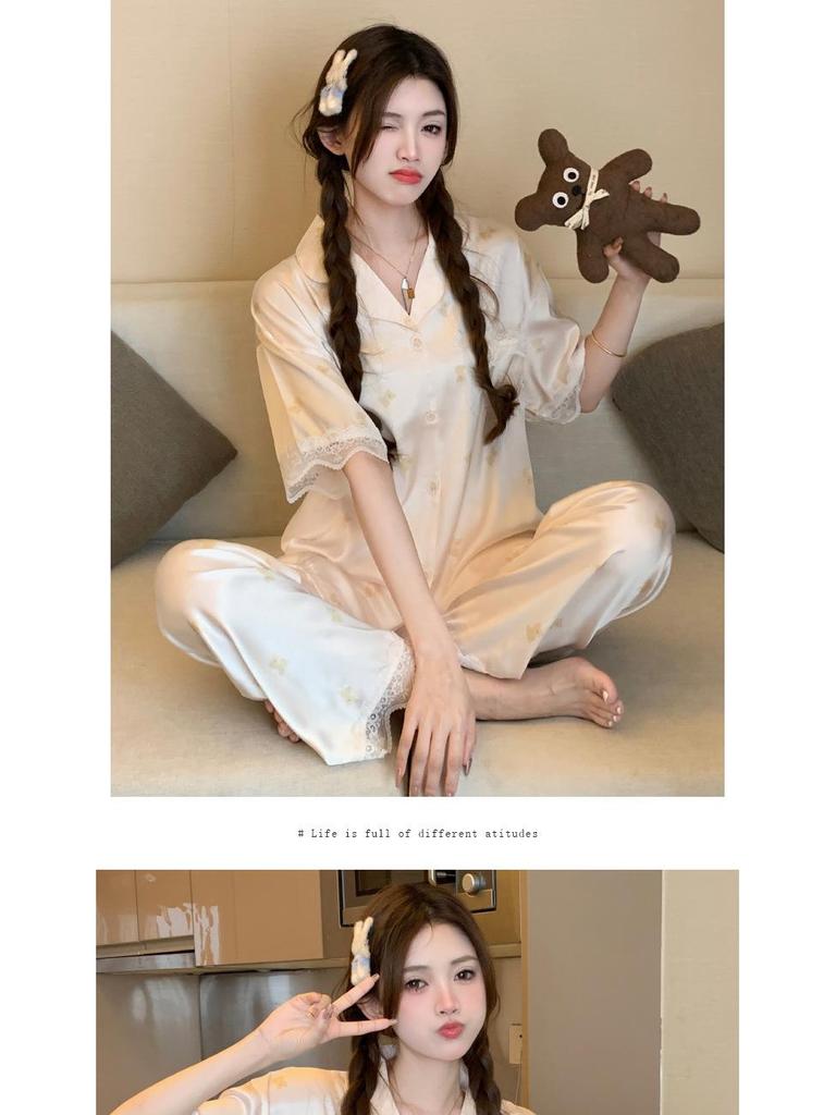 Damen Eisseiden-Pyjama - Sommer Niedliches Bär-Design, Cartoon-Stil, Kurzarm, Lange Hose, Hochwertiges Gefühl, Homewear