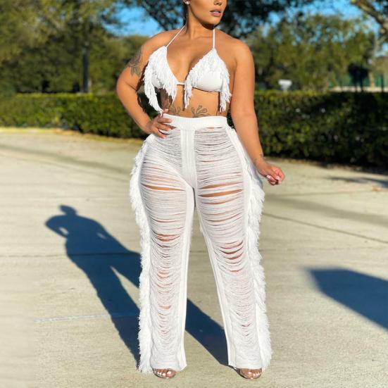 2 Pcs/Set Women Crop Top Pants Set Tassel Hollow Out Lace-up Halter Neck Beach Vacation Bra High Waist Ripped Knitted Hollow Out Trousers