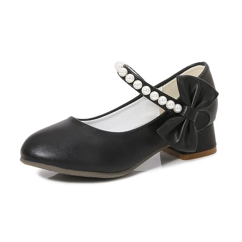 Children's Leather Shoes Elegant Girl Princess Shoes with Bowknot Fashion Chic Versatile Kids Party High-heels Shoes Black White