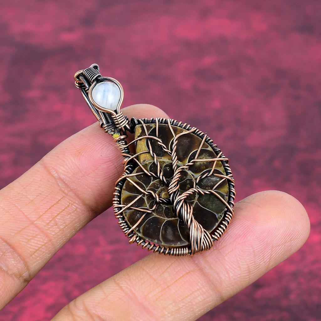 Tree Of Life Ammonite Fossil Pendant Copper Wire Wrapped Rainbow Moonstone Jewelry
