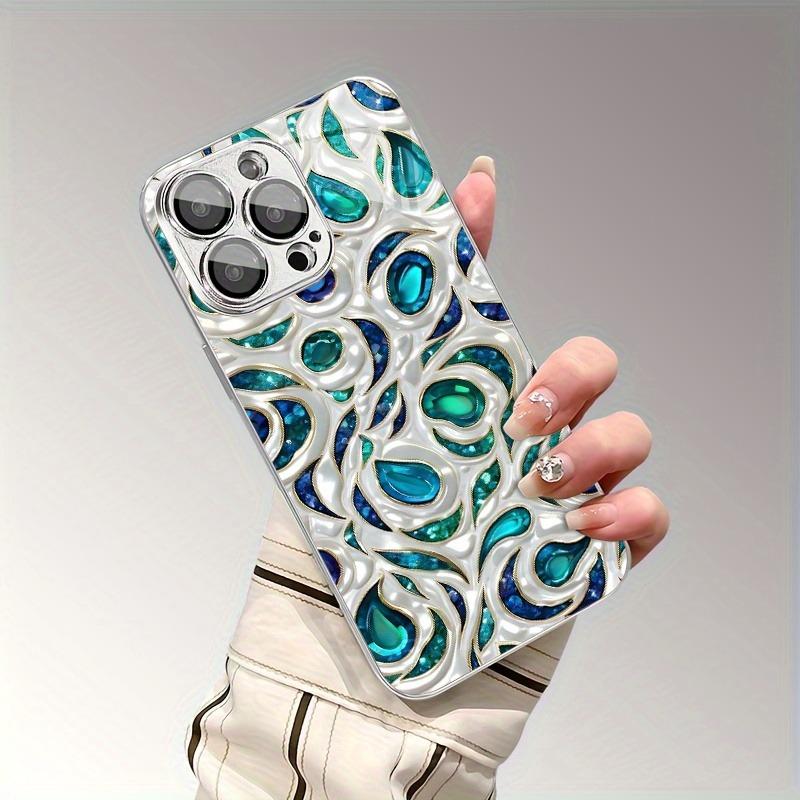 Blue Green Gemstone Tempered Glass Phone Case For iPhone 17 16 15 14 13 12 11 Pro Max 14 Plus 17 Air Electroplate Silver Cover