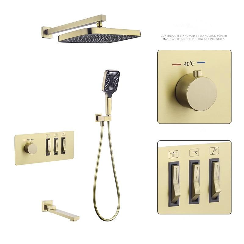 Brushed Gold Thermostatic Bathroom Shower Faucet In Wall Bath and Shower Faucet Set Gray Bathroom Mixer Bath and Rainfall Shower
