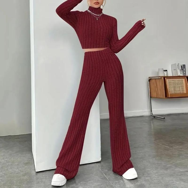 Costume tricoté de style occidental pour femmes, nouveaux pulls noirs fendus coréens, pantalons à jambes larges, ensembles décontractés en deux pièces pour dames