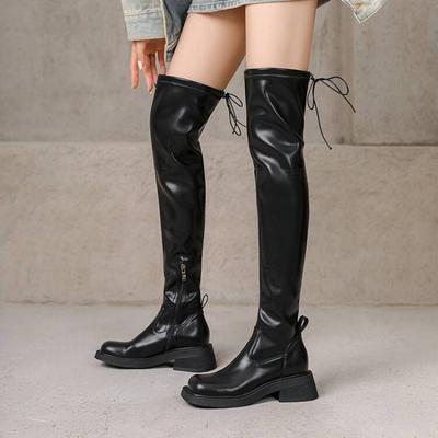 Autumn and Winter Women's Martin Boots Thick-soled Non-slip Round Head Medium Heel Large Size Women's Boots Rubber Sole New Over-the-knee Lea