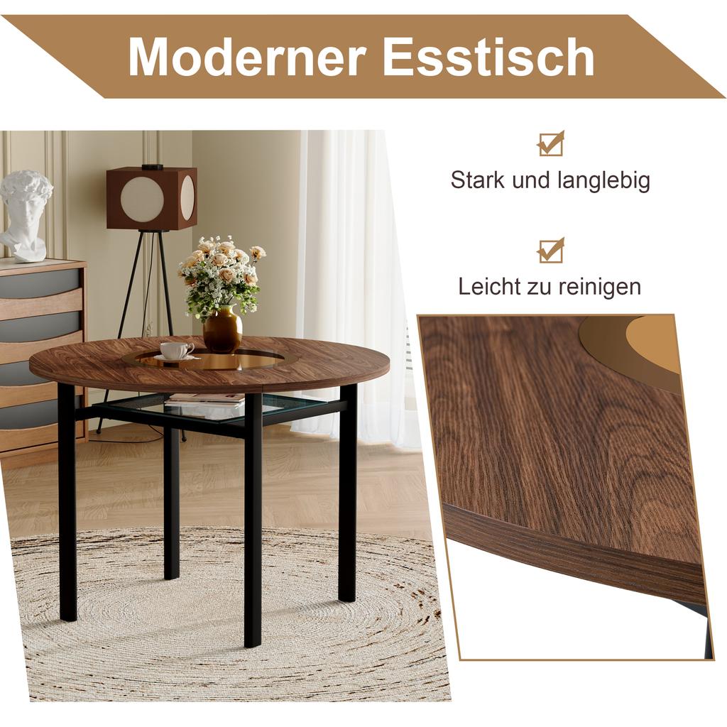 Modern Minimalist Round Table Set (2 Black PU Armchairs, Curved Backrest), 100 Cm Diameter Table In Wood Look. For Dining Room & Kitchen.