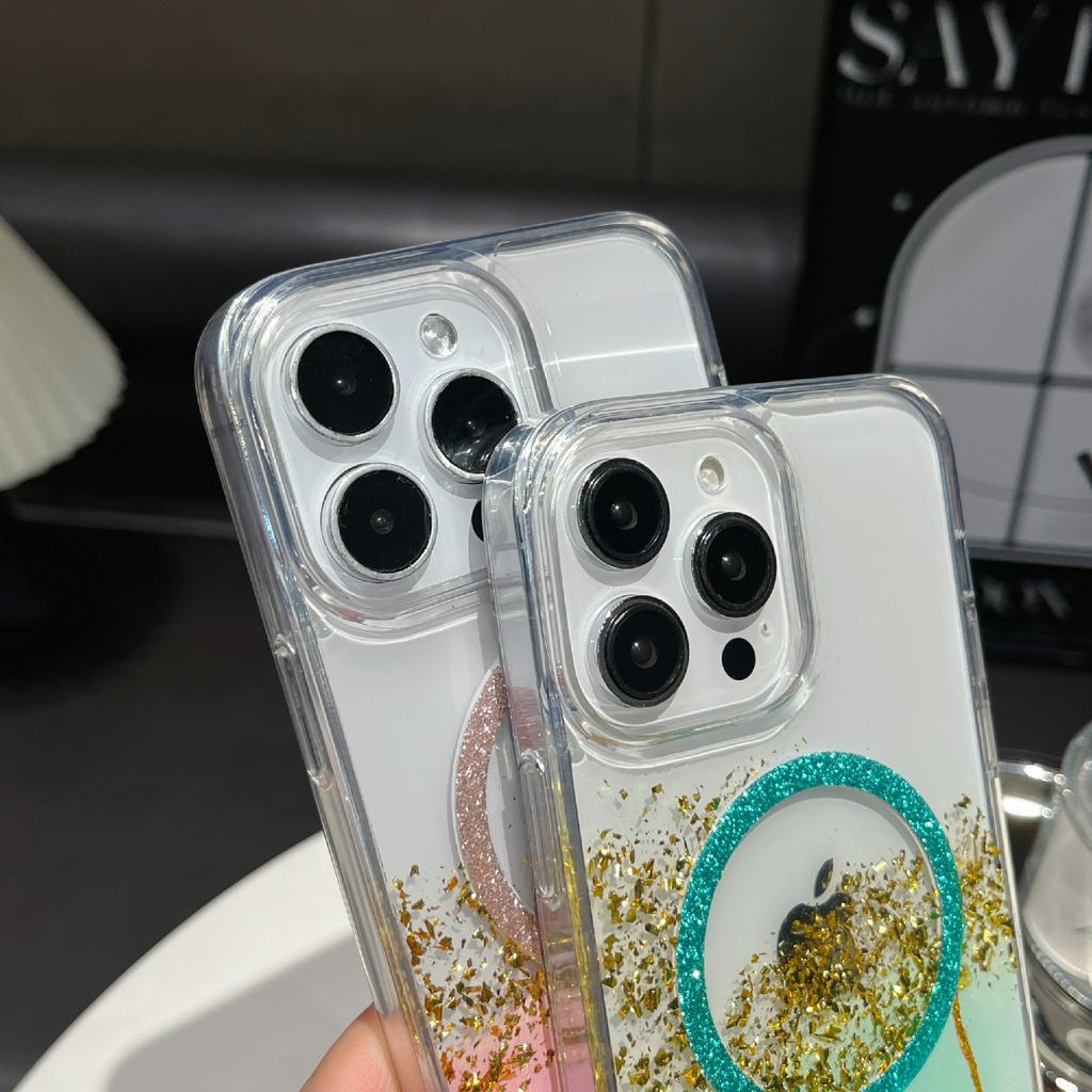 For iPhone 16 Pro Case Rhinestone Decor Wave Frame TPU Phone Cover with Leopard Print Glitter