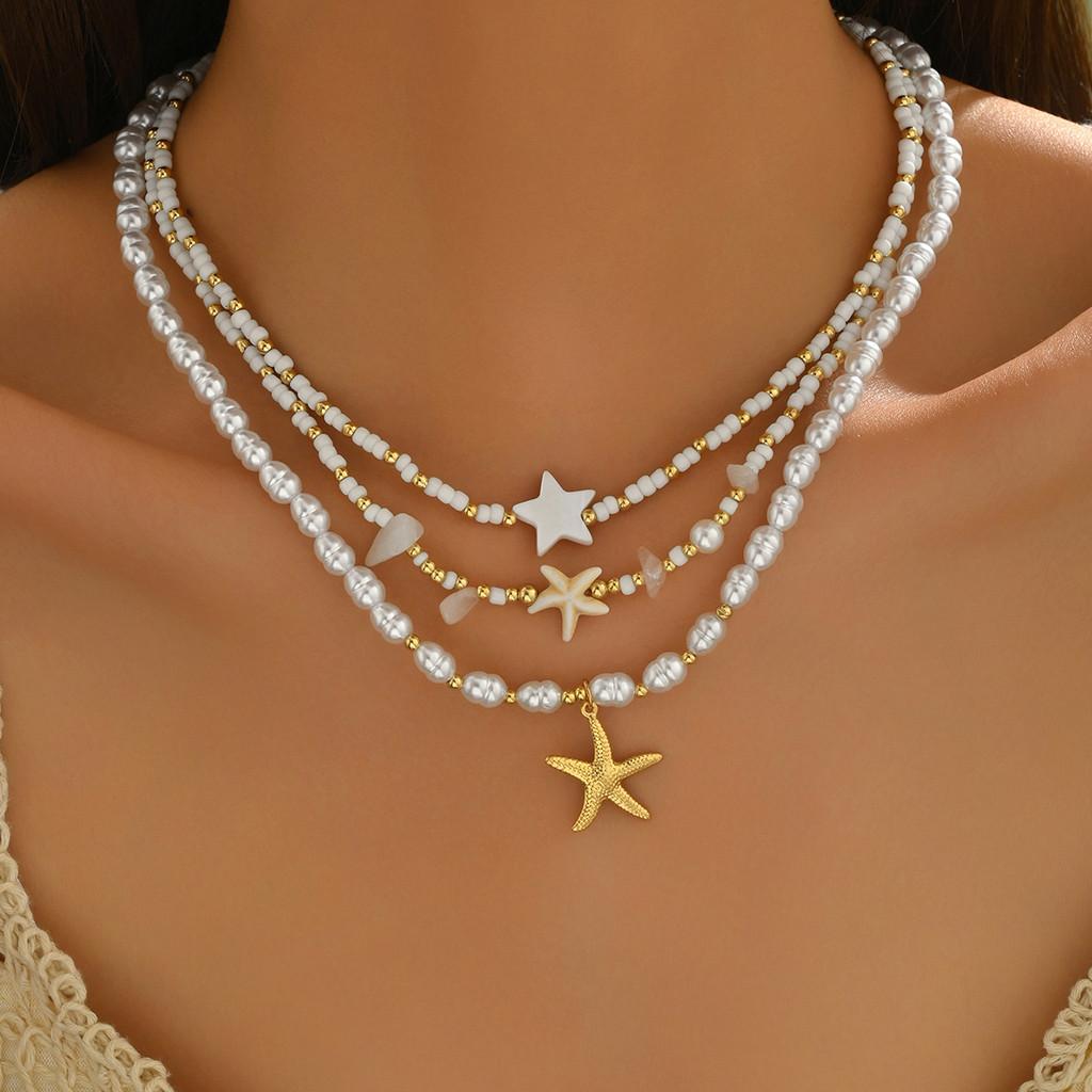 Star Pearl Pendant Necklace With Multi Layer Chain For Women And Men
