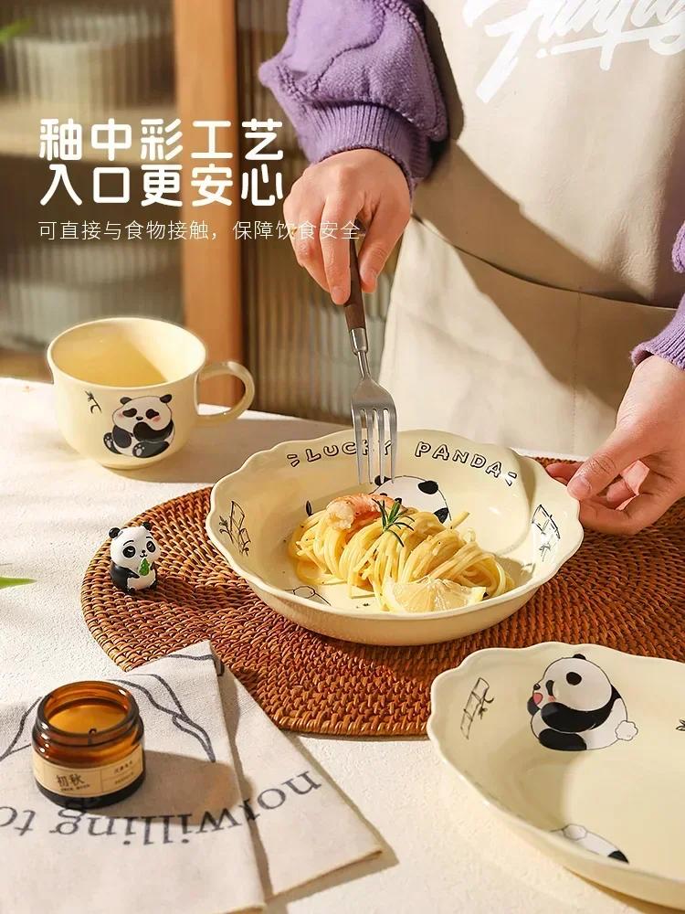 Children Panda Ceramics Tableware Salad Bowl A Rice Bowl Dinner Breakfast Plate Milk Cup Mug Lovely Cartoon Kitchen Porcelain