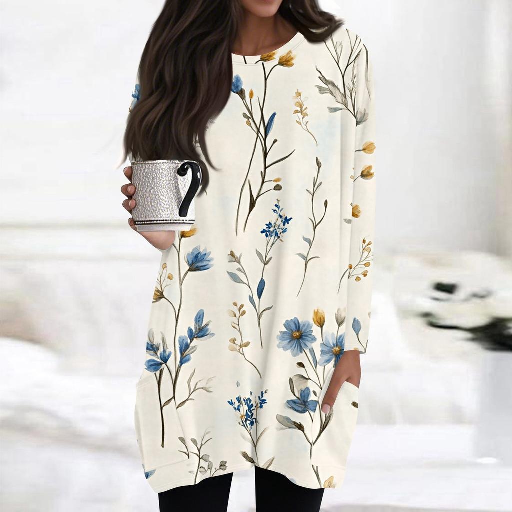 Womens Tops Round Neck  Long Sleeve Blouses Casual Mid-length Shirts Fashion Print Tunic Tops With Pockets