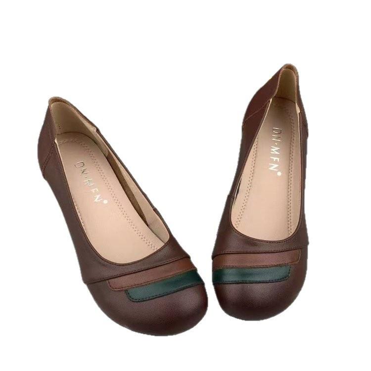 Autumn soft leather color matching thick heel single shoes women's 2025 new retro soft sole women's shoes comfortable mother shoes ethnic style shoes