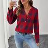 Damska Koszula Dekolt V Guziki Półplisa Długi Rękaw Pulower Wzór Kratka Casual Regularny Krój Koszula Biurowa