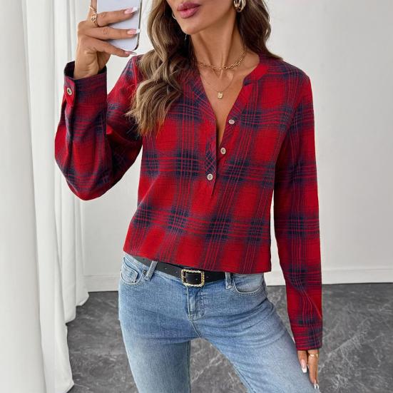 Damska Koszula Dekolt V Guziki Półplisa Długi Rękaw Pulower Wzór Kratka Casual Regularny Krój Koszula Biurowa