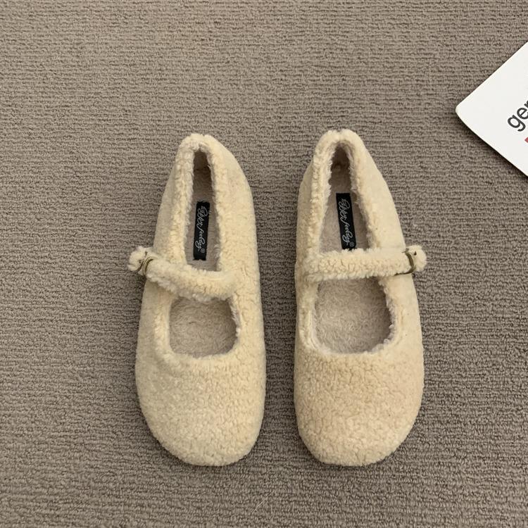 Retro Mori plush wool single shoes women's 2025 autumn and winter new French one-word Mary Jane shoes lamb wool shoes
