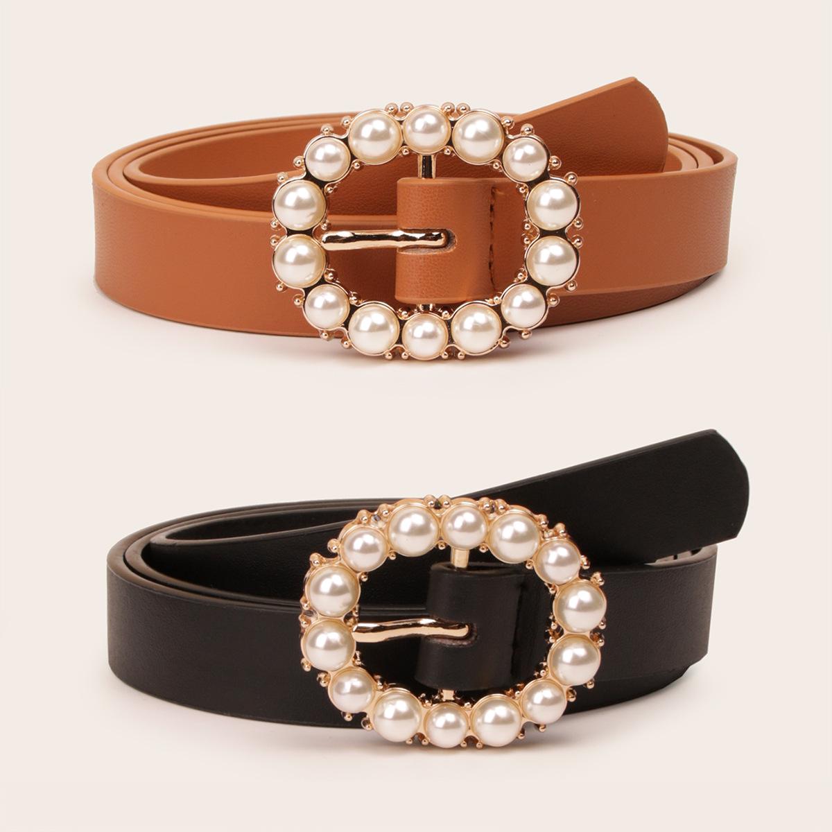 

Elegant Women s Two-Piece Leather Waist Belt Set with Pearl Buckle 100cm коричневый