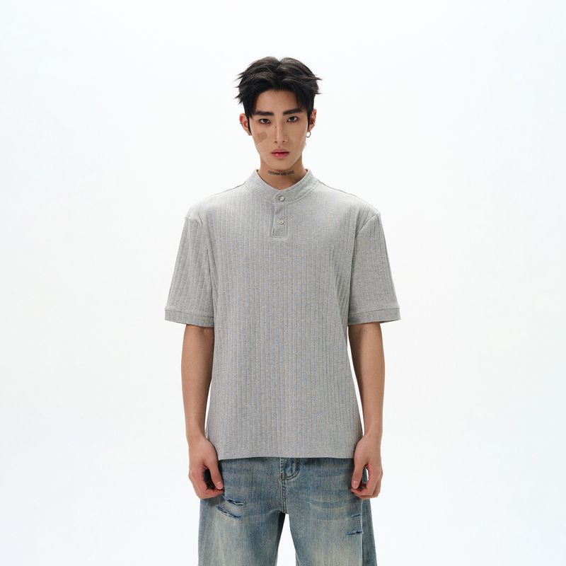 Kisko Old Money Style Simple Basic Henry Collar Textured Short-Sleeve T-Shirt for Men and Women Niche High-End Casual Top