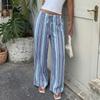Summer New Trendy Style Striped Lace-up Loose Wide-leg Pants for Women