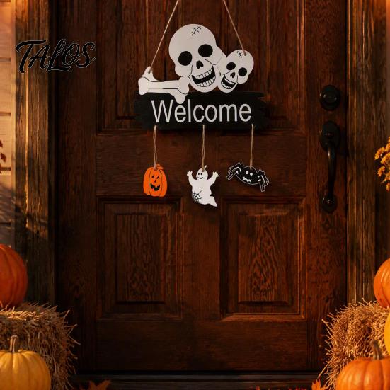 Halloween Ornament for Window Welcome Door Hanging Sign, 3D Layered Pumpkin Skull Spider Plaque, Theme Sign Wooden Front Porch Wall Decor Home