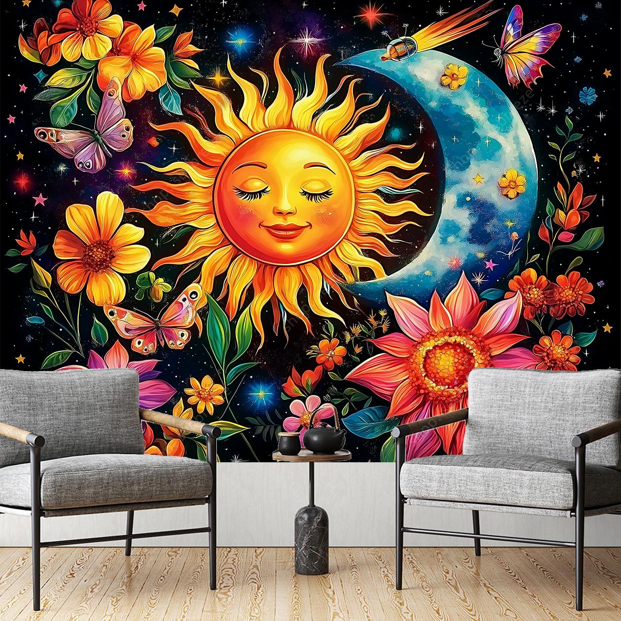 

Vibrant Sun Moon Goddess Floral Cosmic Tapestry with Butterflies Stars Bohemian Home Office Decor Spiritual Meditation Wall Art 73x95cm